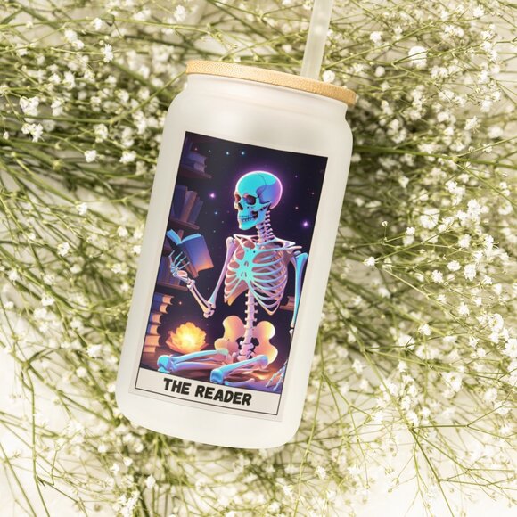 The Reader, Reader Tarot Card Tumbler, Gothic Mug, Iridescent Skeleton Glass Cup - Picture 5 of 7